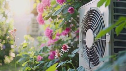Air conditioner unit in a blooming garden on a sunny day - Powered by Adobe