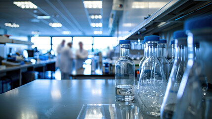 a blurred image of a laboratory with a microscope in the foreground - Powered by Adobe