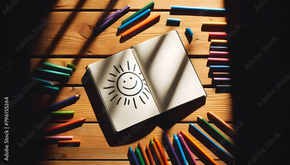 Poster a simple drawing of a sun in a notebook surrounded by colorful crayons.