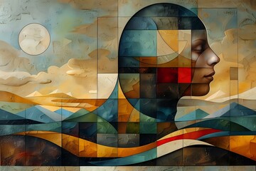 Vintage-Inspired Abstract Art with Contemplative Figure