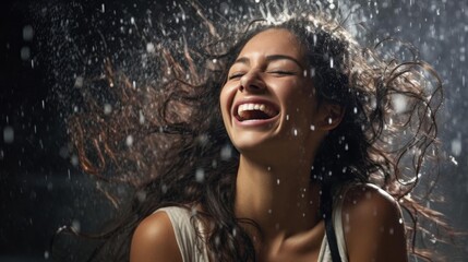 Obraz premium Highresolution image of a joyful model in a studio, laughing as a splash of water hits her face, emphasizing freshness and happiness