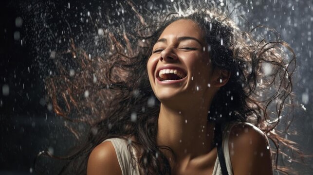 Highresolution image of a joyful model in a studio, laughing as a splash of water hits her face, emphasizing freshness and happiness