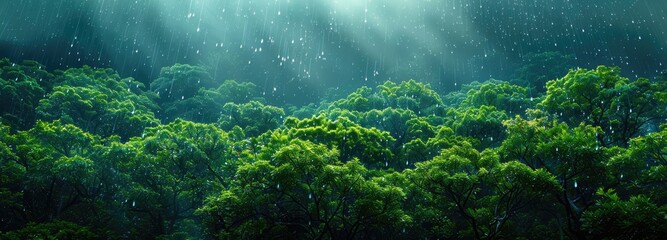 Lush Tropical Forest Under Rainfall, Greenery Gleaming with Droplets.