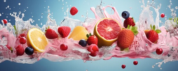 Eyecatching advertisement background with a fruity ice cream and a crisp water splash, enhancing the appeal for a refreshing treat
