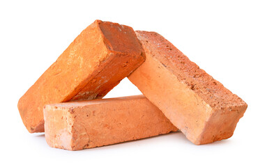 Front view of red or orange bricks in stack isolated on white background with clipping path