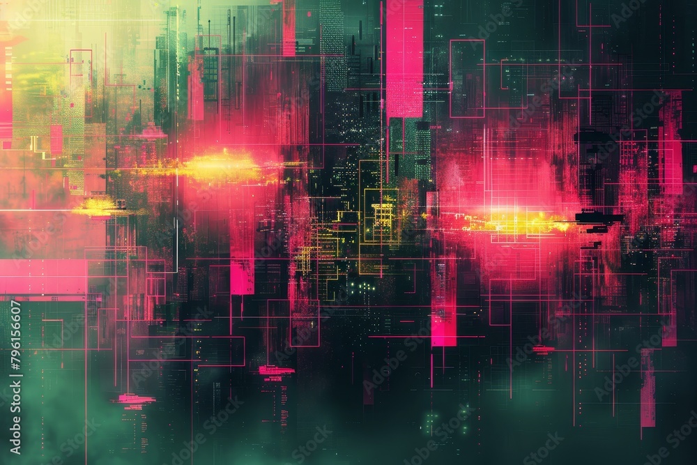 Poster abstract design, digital glitch effect with sharp lines and bright neon greens and pinks