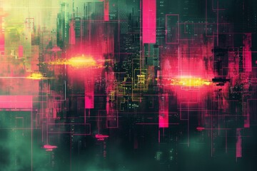 Abstract design, digital glitch effect with sharp lines and bright neon greens and pinks