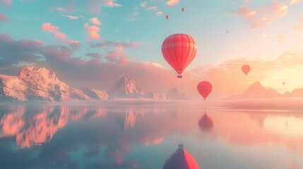 A sequence of hot air balloons floating lazily across a calm pastel sky