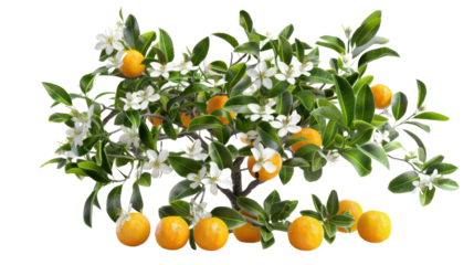 Orange blossoms, white flowered orange trees, and bunches of flower buds, on white background