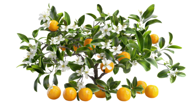 Orange blossoms, white flowered orange trees, and bunches of flower buds, on white background