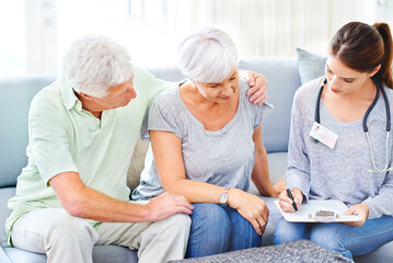 Senior, couple and doctor with results for woman in consultation with advice and support. Patient, report and nurse in elderly care with news, info or medical notes on hypertension or blood pressure