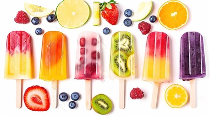 Set of various colorful fruit and berry popsicles isolated on white background