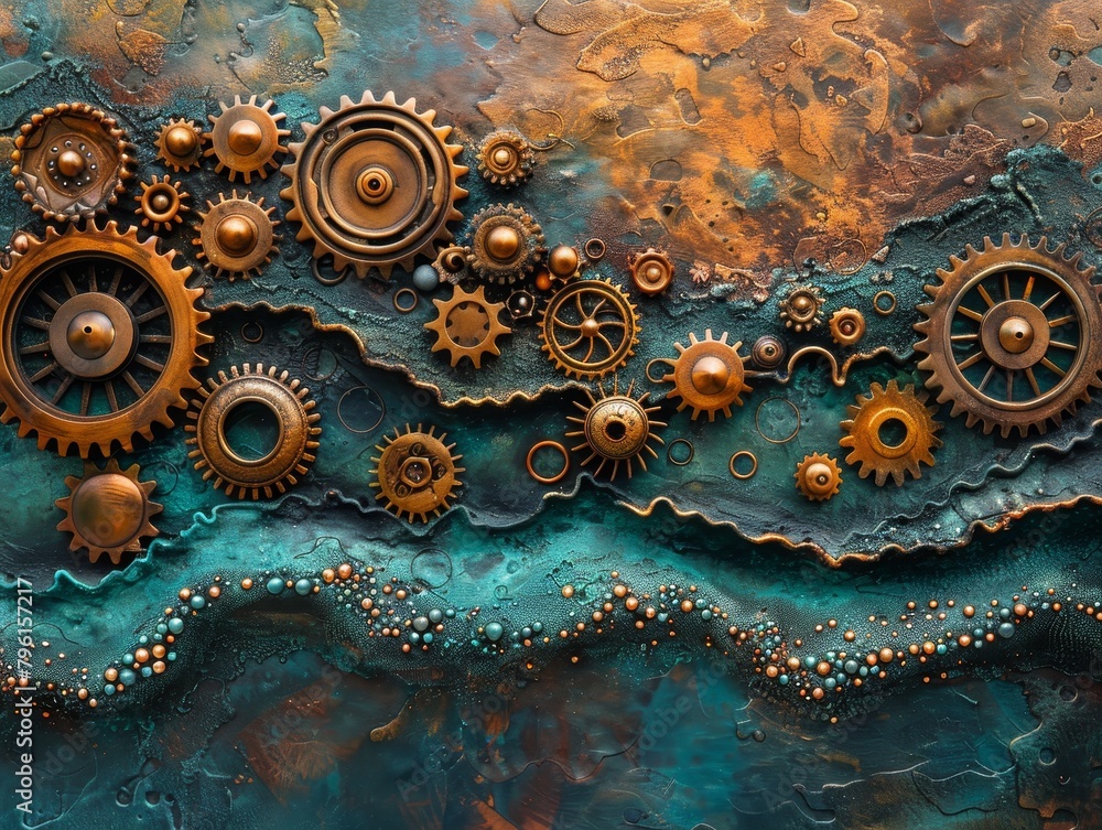 Poster abstract design featuring interlocking gears in a steampunk style, characterized by metallic tones o