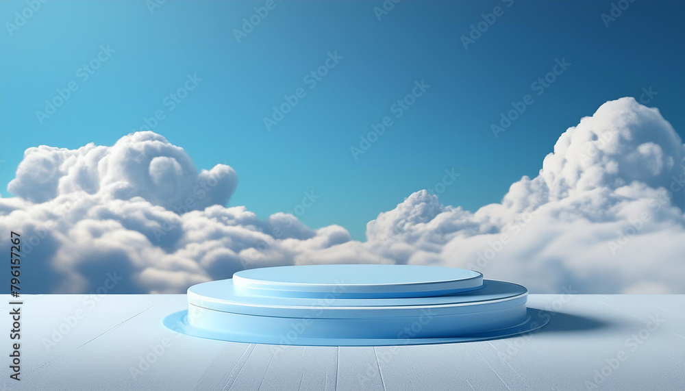 Poster cloud background podium blue 3d product sky white display platform render abstract stage