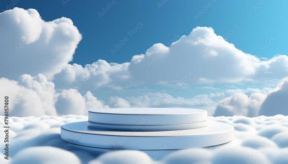 Poster cloud background podium blue 3d product sky white display platform render abstract stage