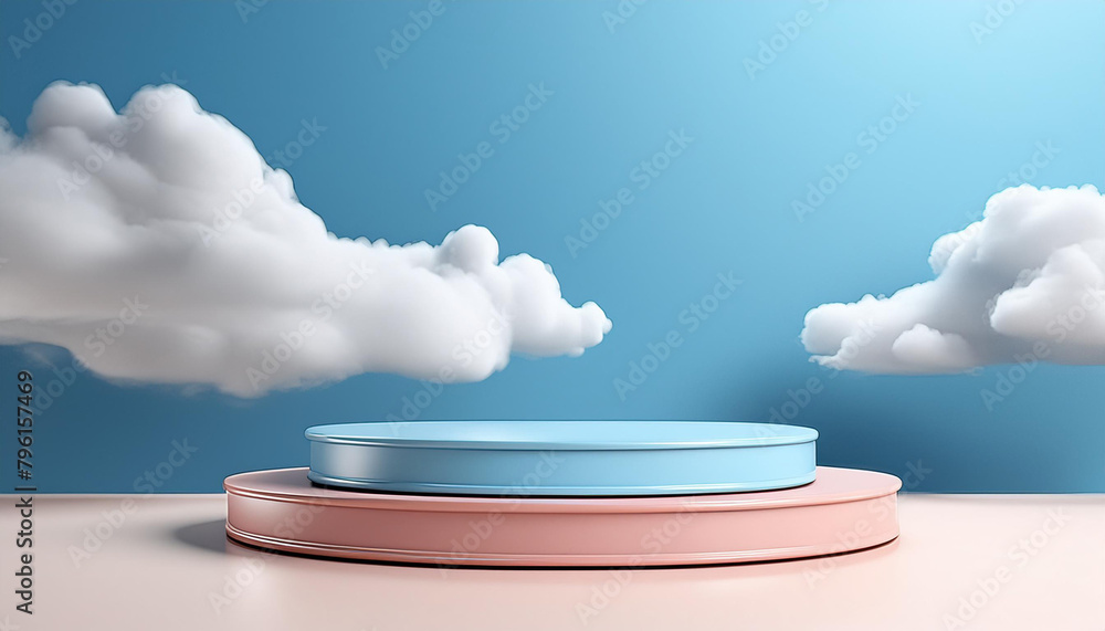 Poster cloud background podium blue 3d product sky white display platform render abstract stage