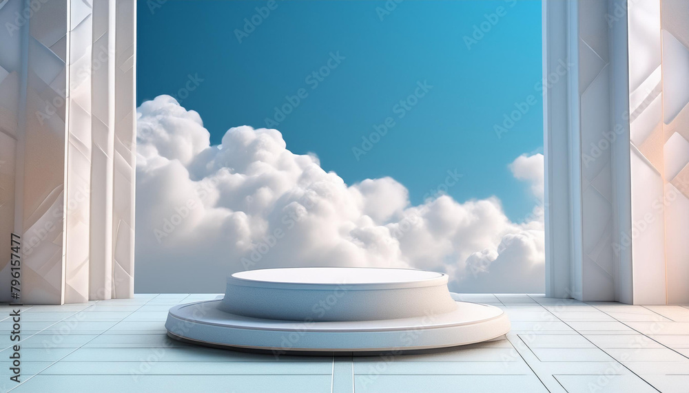 Poster cloud background podium blue 3d product sky white display platform render abstract stage