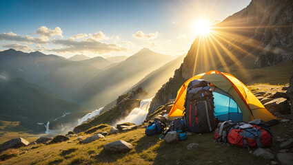 Hiking tent and backpack In mountains in morning with rays of sun with a mountain river and a...