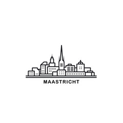 Naklejka premium Maastricht cityscape skyline city panorama vector flat modern logo icon. Netherlands, Holland town emblem idea with landmarks and building silhouettes. Isolated thin line graphic