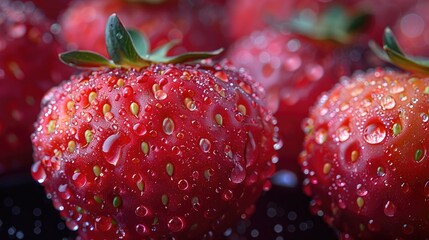 Ripe Strawberry with Water Droplets Macro Photography.