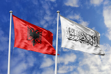 3d illustration. Albania and Islamic Emirate of Afghanistan Flag waving in sky. High detailed waving flag. 3D render. Waving in sky. Flags fluttered in the cloudy sky.