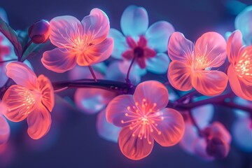Vibrant neon blossoms illuminate the darkness in this digital rendering of abstract flowers against a dark backdrop