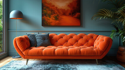Modern and cozy living room interior with comfortable sofa, elegant decor, lush green plants