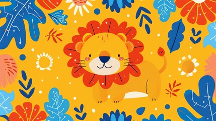 Playful cartoon lion in a colorful jungle pattern for children's decor