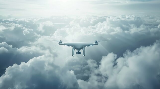 A MALE drone disappearing into a thick layer of clouds, symbolizing the unseen eye in the sky