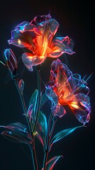 Abstract flowers, surreal interpretation features exaggerated proportions and neon outlines against a black background