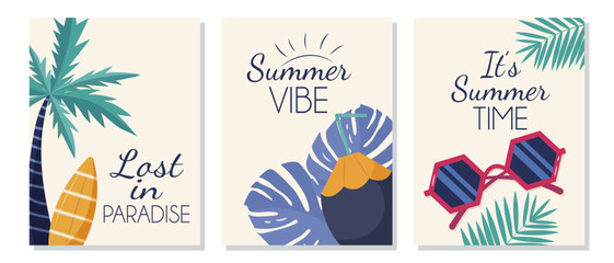 Set of summer posters with surfboard, sunglasses and palm tree leaves on beige background flat vector illustration set for social media post design. Summer vacation poster template.