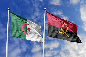 3d illustration. Algeria and Angola Flag waving in sky. High detailed waving flag. 3D render. Waving in sky. Flags fluttered in the cloudy sky.