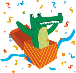 Happy cartoon crocodile coming out of a colorful gift box surrounded by confetti. Flat Png illustration without background