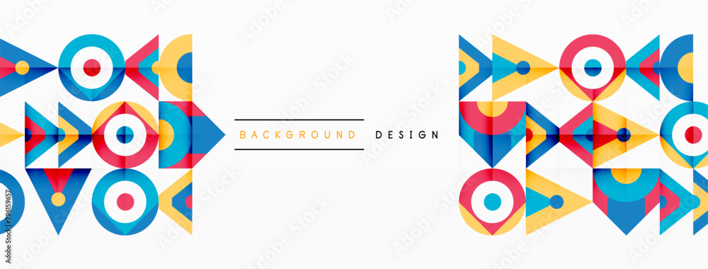 Poster a colorful textile pattern featuring geometric shapes such as arrows, circles, triangles, and rectan