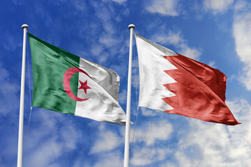 3d illustration. Algeria and Bahrain Flag waving in sky. High detailed waving flag. 3D render. Waving in sky. Flags fluttered in the cloudy sky.