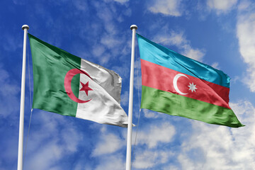 3d illustration. Algeria and Azerbaijan Flag waving in sky. High detailed waving flag. 3D render. Waving in sky. Flags fluttered in the cloudy sky.