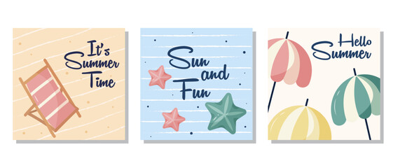 Set of summer posters with beach elements, including a sun umbrella, sun lounger, and starfish in pastel colors. The set is great for social media posts or poster template. It is a vector illustration