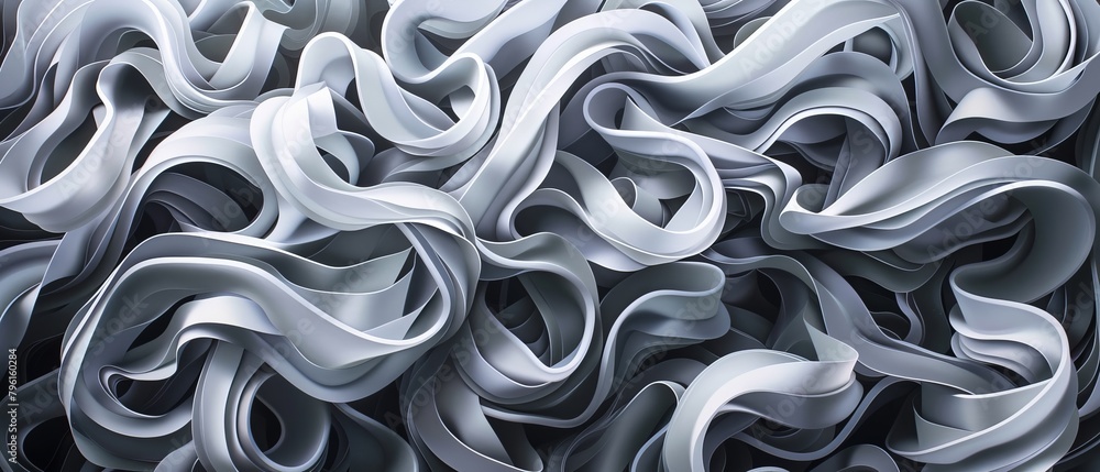 Poster interwoven abstract lines form a maze-like grey and white structure