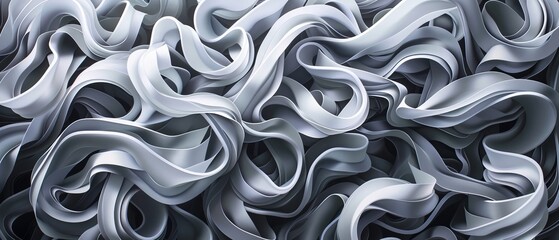 Interwoven abstract lines form a maze-like grey and white structure
