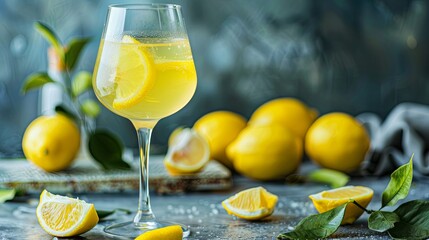 Refreshing lemonade in a glass with fresh lemons on a rustic table