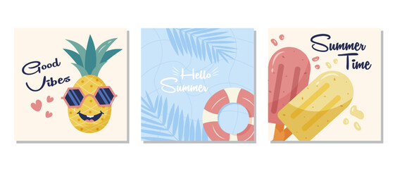 Set of summer posters with cute illustrations, a pineapple character wearing sunglasses, and an ice cream illustration. Vector illustration set for a vacation advertising poster template.
