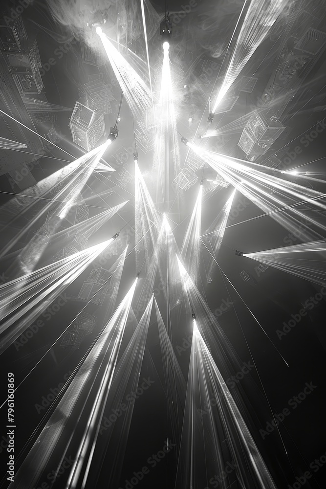 Poster intersecting paths form abstract lines, adding depth in monochrome with subtle light accents