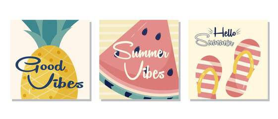 Summer posters set with watermelon, pineapple, and flip-flops. Vector illustration set collection could be used for banner or poster design. 