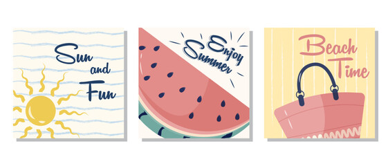 Set of summer posters with watermelon, beach bag, and sun. The set is great for cards, brochures, flyers, and advertising poster templates. It is a vector illustration.