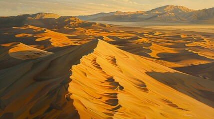 A golden sunrise casting long shadows across a desert landscape, painting the sand dunes in warm hues