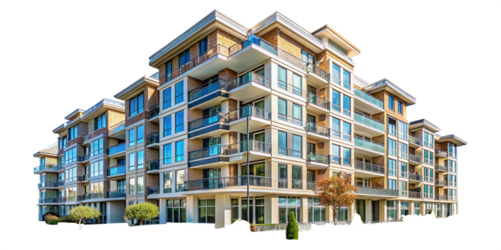 detached buildings, apartment blocks and high-rise buildings with glass façades and transparent skies