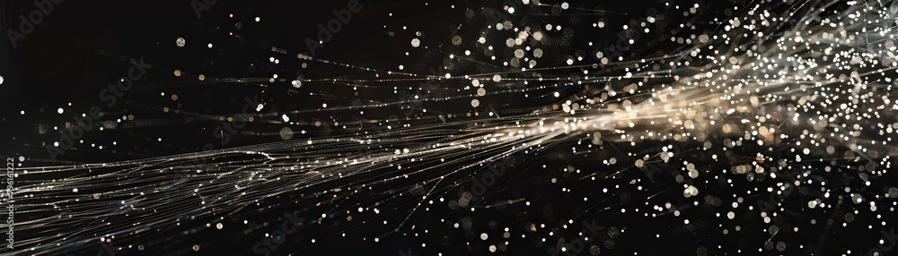 Poster thin, delicate threads weave on a dark canvas, evoking depth with abstract lines