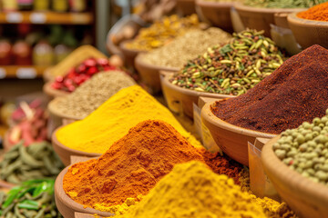 A variety of spices are displayed in wooden bowls