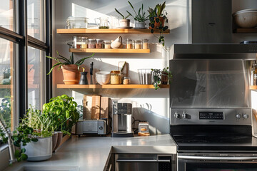 Modern urban kitchen interior with stainless steel appliances, open shelving, and herb garden on windowsill. Contemporary small kitchen design concept with industrial accents.