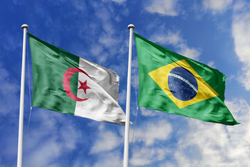 3d illustration. Algeria and Brazil Flag waving in sky. High detailed waving flag. 3D render. Waving in sky. Flags fluttered in the cloudy sky.